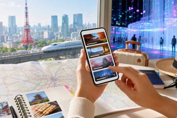 Traveler comparing Japan activity bookings on a phone with Tokyo skyline and digital art in the background