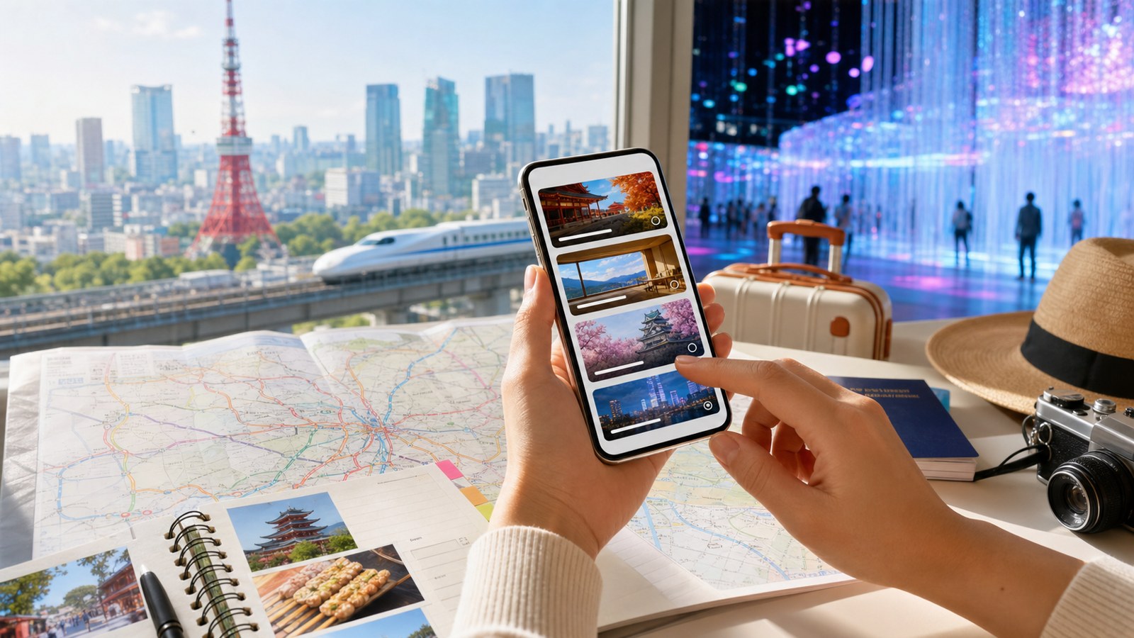 Traveler comparing Japan activity bookings on a phone with Tokyo skyline and digital art in the background