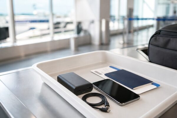 Power bank, smartphone, cable, passport, and boarding pass in an airport security tray