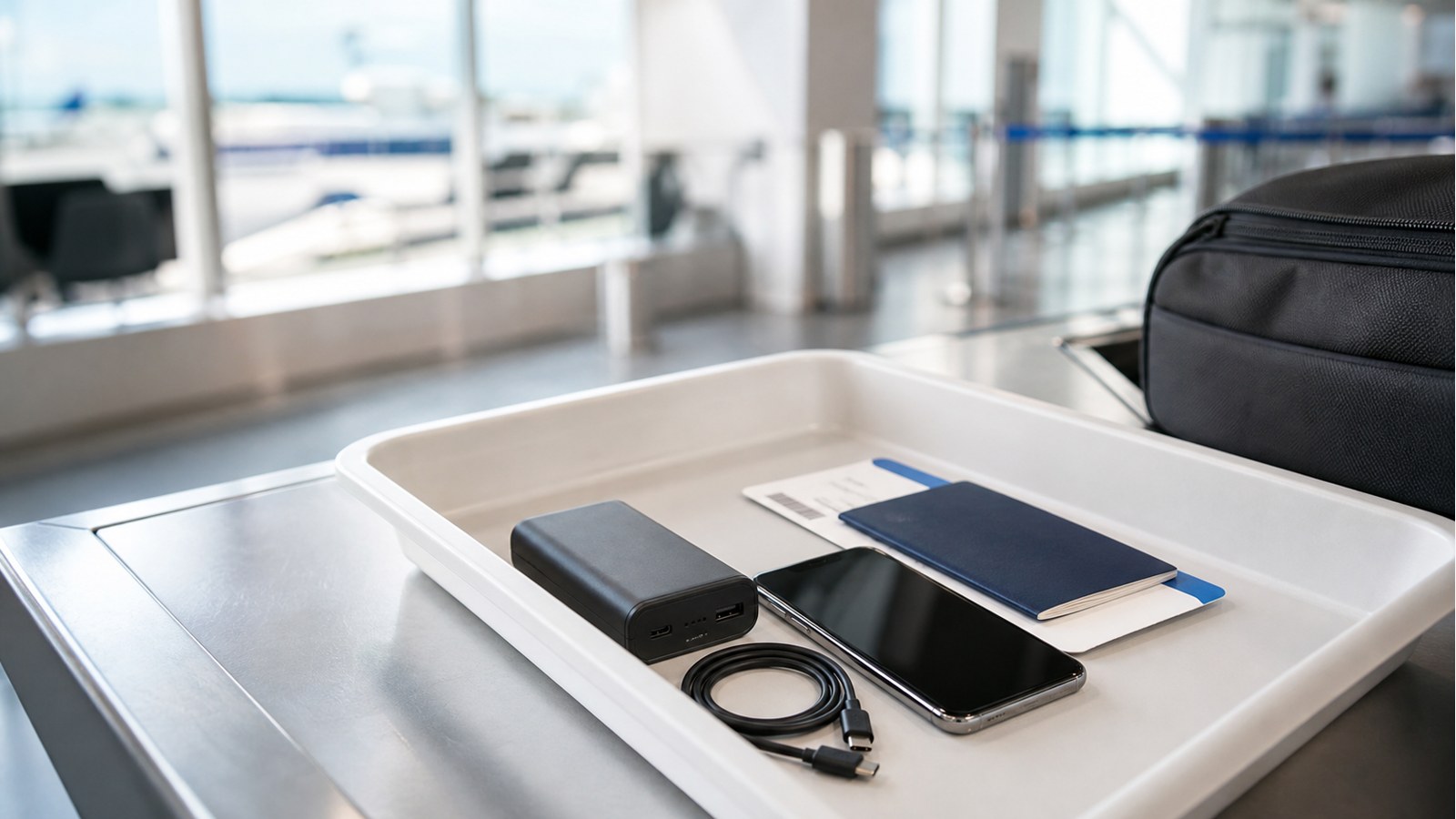 Power bank, smartphone, cable, passport, and boarding pass in an airport security tray
