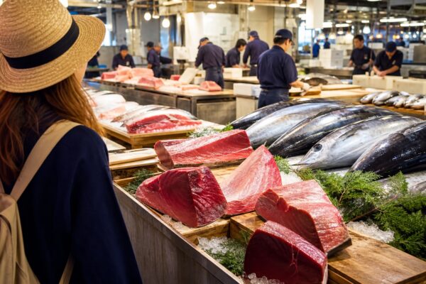 Fresh tuna and seafood counters at a Tokyo fish market, for a Tsukiji or Toyosu travel guide