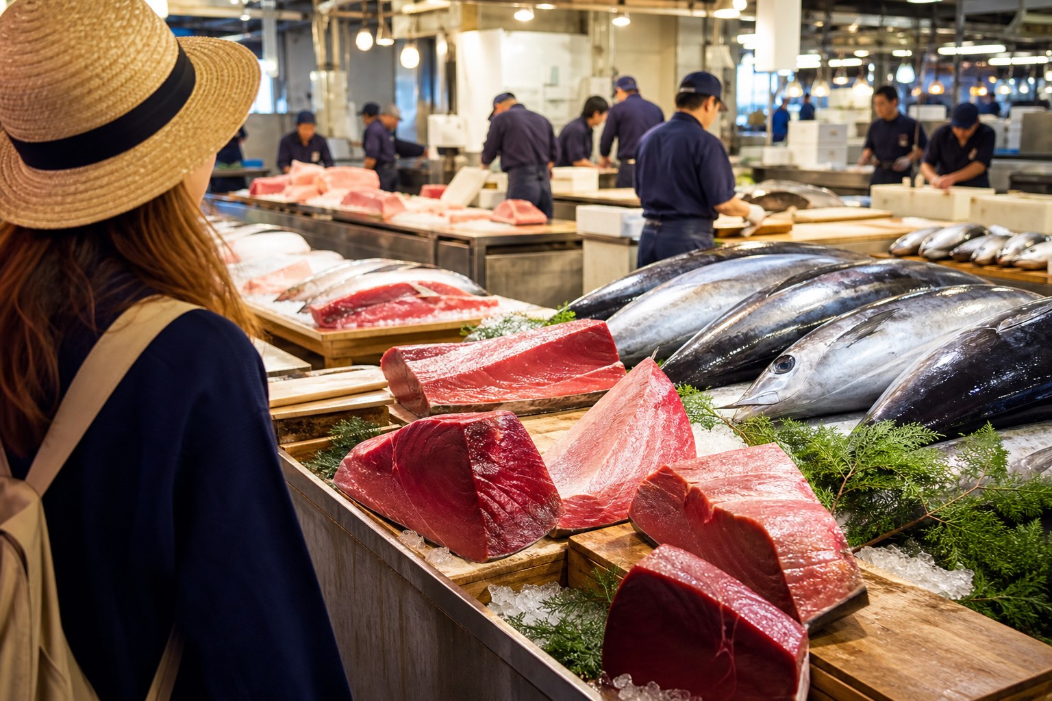Fresh tuna and seafood counters at a Tokyo fish market, for a Tsukiji or Toyosu travel guide